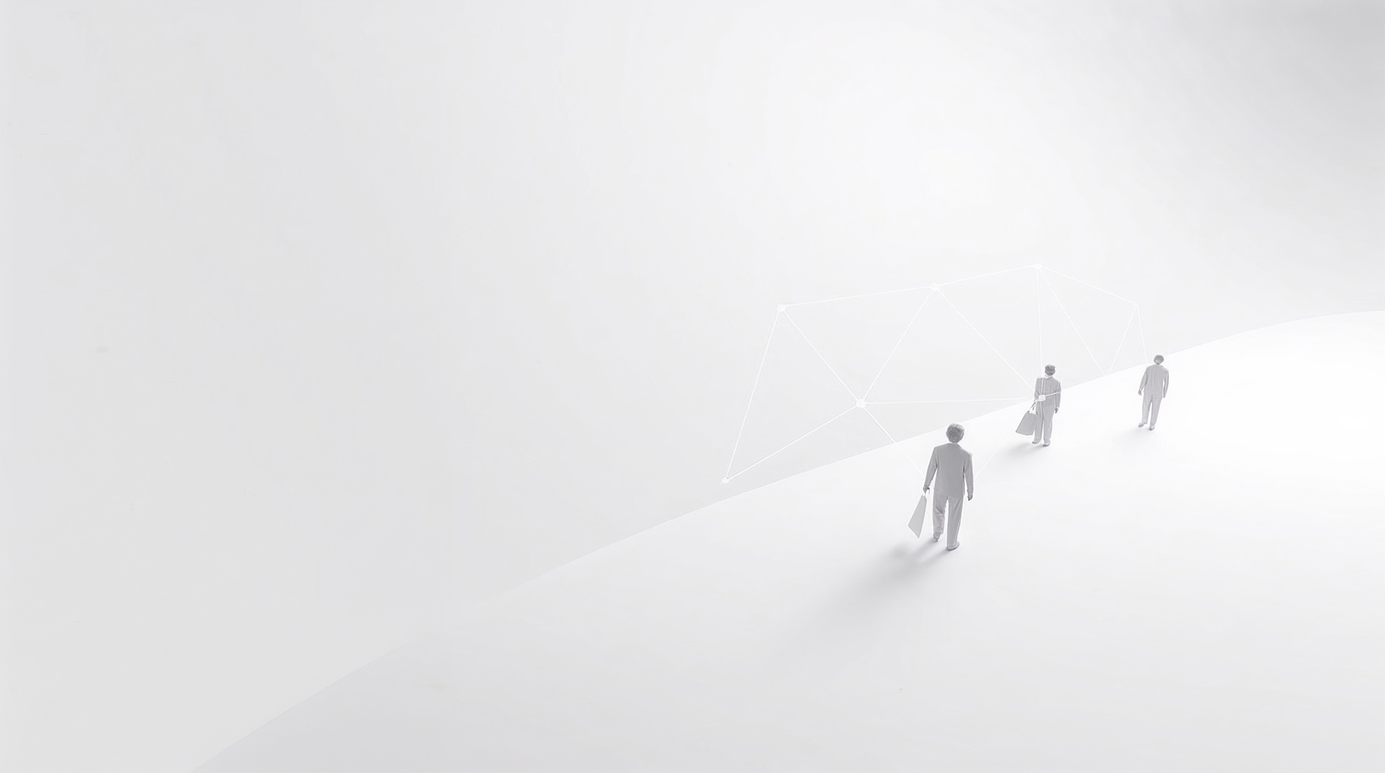 Figuras humanas caminando hacia un horizonte iluminado sobre fondo blanco, representando el siguiente paso hacia una conversación