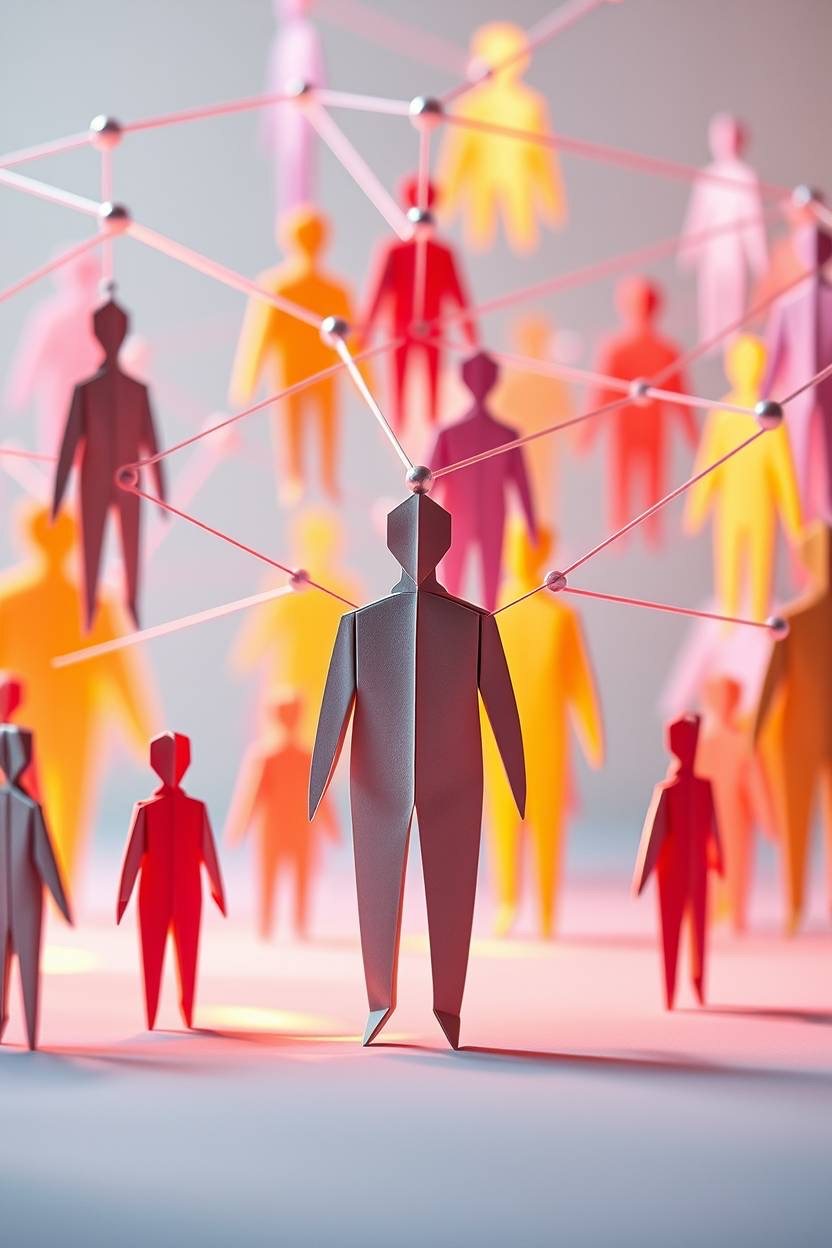 Figura humana en primer plano conectada a una red de siluetas de personas, representando la atracción e identificación de talento clave