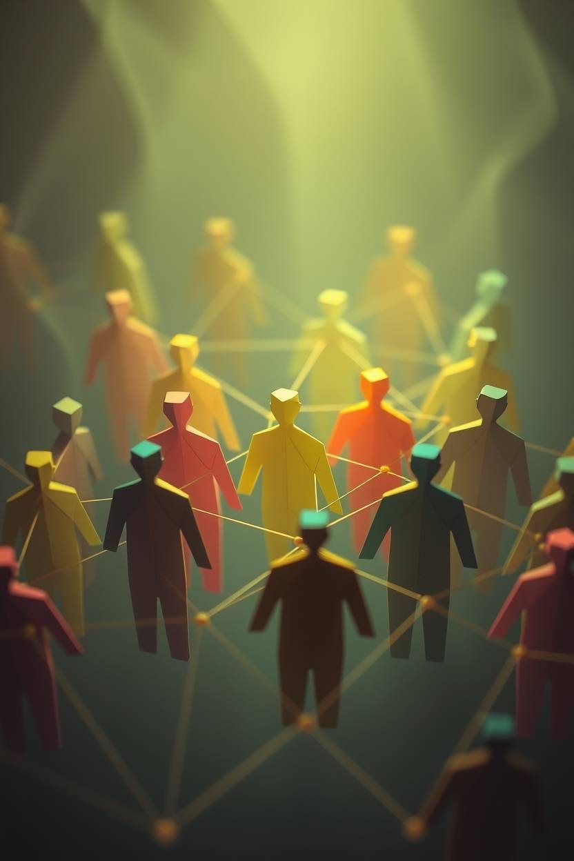 Grupo de figuras humanas iluminadas y conectadas entre sí, representando la medición del clima y la cultura organizacional